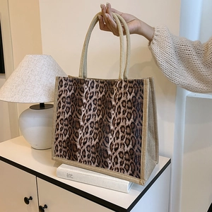 Large leopard print linen tote bag for women with stylish beige handles and vintage design
