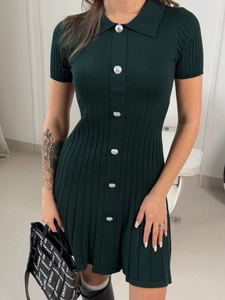 Elegant slim-fit dark green knit polo dress with rib texture and metallic buttons