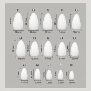 Size chart showing 15 dimensions for frosted almond-shaped DIY nail tips in mm