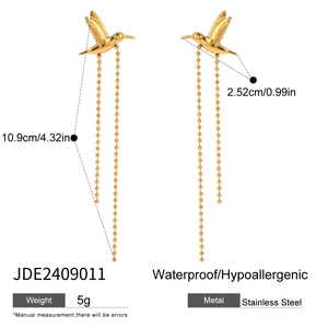Detailed dimensions of gold stainless steel hummingbird tassel earrings with size annotations