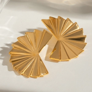 Vintage 18k gold plated stainless steel pleated fan earrings on white background