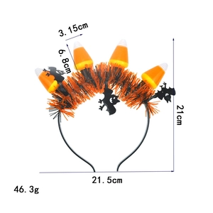 Detailed size chart for Halloween headband with orange candy corn bulbs and bats decoration