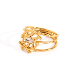 Gold multi-layer stainless steel ring with olive leaf design and marquise zircon stone