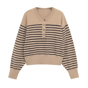 Striped round neck knit sweater with button collar and navy stripes on beige base