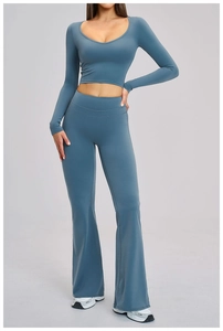 Close-up of fog blue brushed yoga set featuring long sleeve crop top and flared leggings