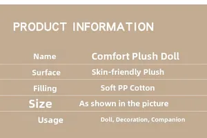 Detailed product specifications table for animal plush toys showing fabric and PP cotton filling