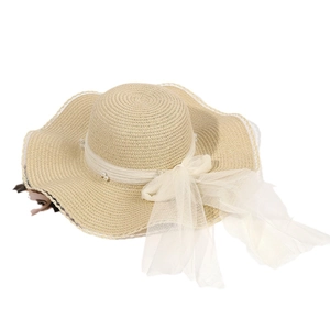 Summer beige straw sun hat with large wavy brim, pearl mesh bow, and lace trim detailing