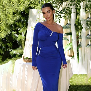 One Shoulder Long Sleeve Maxi Dress Stretch Satin Ruched Backless Slim Fit Rhinestone Wedding Party Evening Clubwear