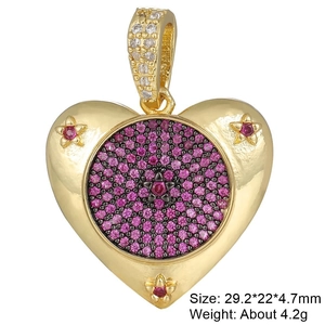 Golden heart pendant with pink zircons and star patterns, size 29.2x22x4.7mm