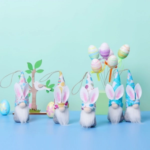 Set of 5 Easter gnome plush ornaments with rabbit ears and colorful patterned hats
