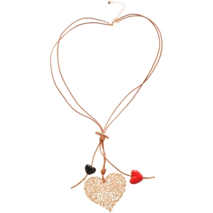 Bohemian gold hollow heart pendant necklace with red and black charms on leather cord