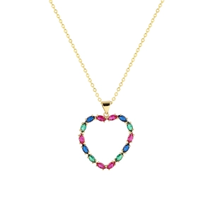 Macro detail of 18K gold-plated heart pendant with multi-color zircon marquise stones