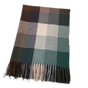 Thick winter plaid scarf with fringe tassels in vintage dark green and brown checkered pattern