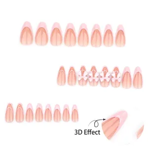 Faux ongles amande rose français avec nœuds 3D et 24 pièces d'ongles brillants à presser