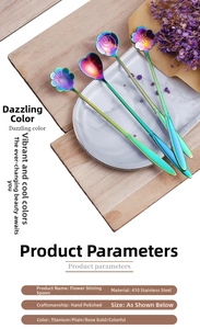 Macro shot of iridescent flower-shaped stainless steel spoons with long handles in a dish