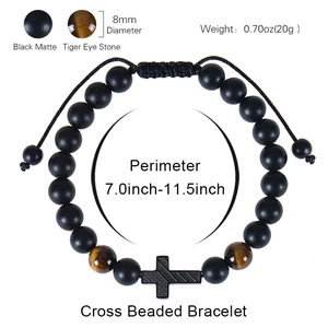 Frosted tiger eye stone beaded cross bracelet with adjustable 7 to 11.5 inch braided cord