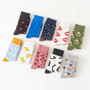Set of 10 pairs cotton mid-calf socks with various colorful cartoon patterns for street style