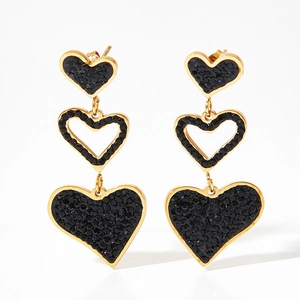 Elegant gold-plated triple heart drop earrings with black rhinestones and hollow design