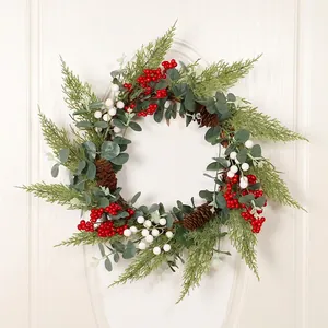 Christmas Wreath Artificial Greenery Pine Cones Red Berries Eucalyptus Leaves LED Warm Light Front Door Wall Hanging Rustic Holiday Decor