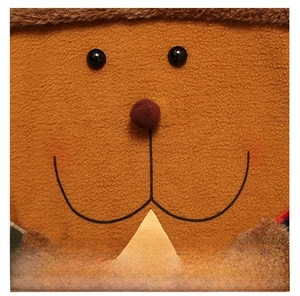 Close-up of a plush reindeer chair cover showing face details and soft brown fabric