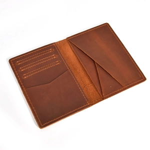 Detail view of brown crazy horse leather wallet with multi-card slots and inner pocket