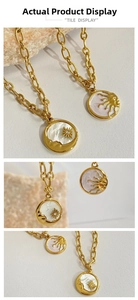 Detail of 18K gold stainless steel coin necklace with sun moon mother of pearl pendant