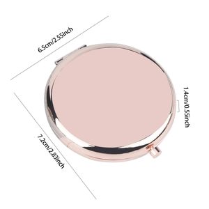 Polished rose gold round foldable makeup mirror with size measurements on white background