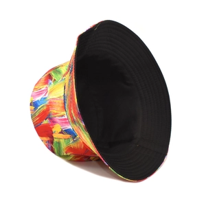 Detail of colorful tie-dye bucket hat showing abstract oil painting style fabric texture