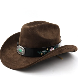 Faux suede western cowboy hat in dark brown with turquoise buckle and floral embroidery