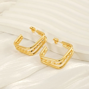 Elegant multi-layer gold plated square geometric stud earrings in polished stainless steel