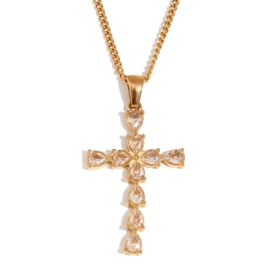 18K gold plated stainless steel cross pendant necklace with white pear-cut zircon crystals