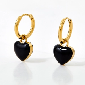 Minimalist black heart drop earrings with gold hoops featuring a polished drip oil finish