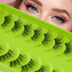 Macro shot of 10 pairs of dense half-eyelashes in a green tray with a makeup model display