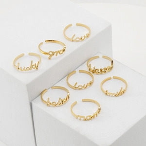 18K gold plated stainless steel open rings with cursive inspirational words for women