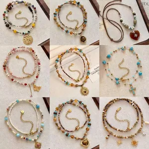 Vintage Tiger Eye Beaded Necklace Copper Pendant Bohemia Retro Clavicle Chain Jewelry For Women