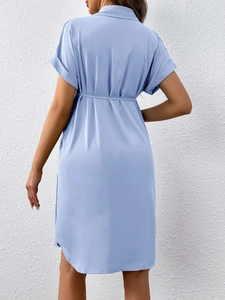 Short sleeve maternity shirt dress in light blue with tie waist and back pleats