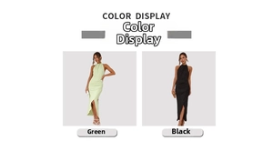Detail view of elegant halter-neck slim-fit maxi dresses in green and black colors
