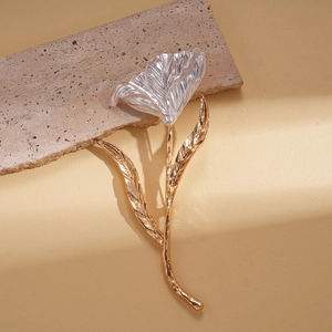 Metallic painted tulip flower brooch with textured petals in gold and silver finish