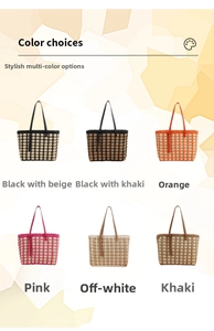Grid layout showing six color choices of contrast woven straw tote bags with leather straps