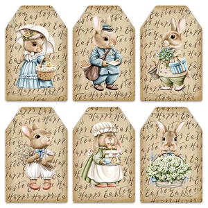 Detail of six vintage Easter gift tags featuring watercolor bunny illustrations on white background