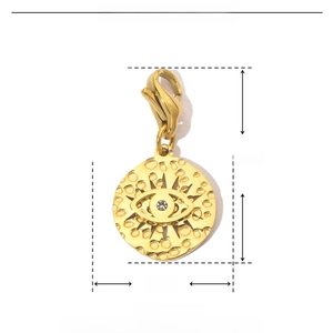 Macro detail of evil eye charm showing 23x12mm dimensions and stainless steel material