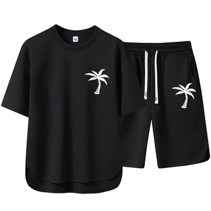 Herren Kurzarm T-Shirt Und Shorts Sommer Casual Sport Outfit Lockerer Schnitt Palmen Druck Polyester Atmungsaktiv