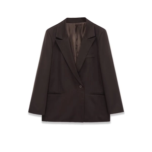Blazer Donna Giacca Monopetto Marrone Cioccolato Tinta Unita Revers Ufficio Casual Professionale Manica Lunga Poliestere