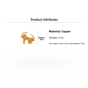Detail view of 18k gold plated maple bow ring with copper material and size specs