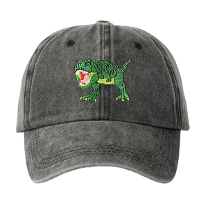 Washed black baseball cap with vibrant green dinosaur embroidery on a white background