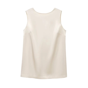 Elegant beige silk satin sleeveless dress featuring backless bow tie and smooth texture