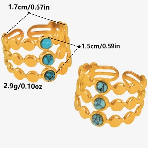 Three-layer gold stainless steel open ring with green stones and elegant wave design
