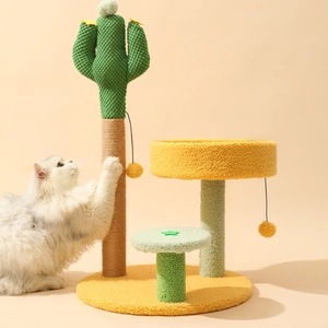 Creative sunflower cat scratcher with sisal post and yellow plush round bed platform