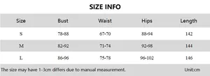 Size information chart for the summer slim fit solid color long dress with zipper details