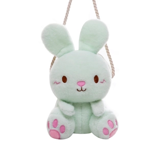 Cute mint green plush rabbit crossbody bag with soft texture and pink embroidery